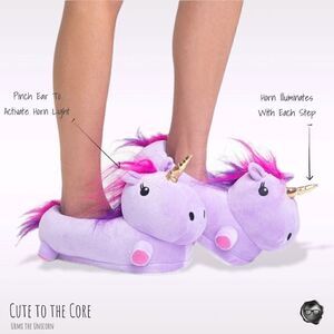 URMI THE UNICORN PLUSH SLIPPERS ADULT SMALL /YOUTH XL LED LIGHT UP HORN PUPLE
